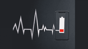 Ilustração composta de linhas de batimento cardíaco e a bateria de um iPhone.
