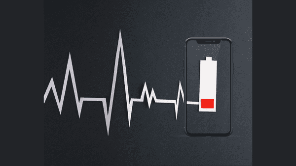 Ilustração composta de linhas de batimento cardíaco e a bateria de um iPhone.
