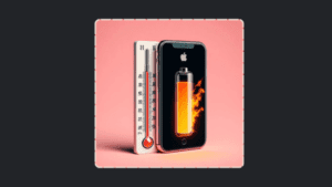 Um iPhone com um termômetro ao lado em alta temperatua, sugerindo que o aparelho está superaquecendo.
