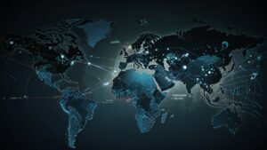 Representação visual de um mapa-múndi onde linhas de conexão digital (como redes sociais e serviços online) conectam diferentes regiões.