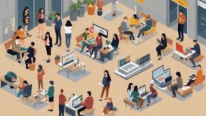 Figura de pessoas interagindo por meio de variadas tecnologias digitais.