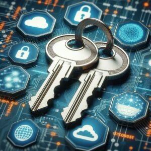 Imagem de 2 chaves, uma ao lado da outra, ao fundo com símbolos de criptografia, segurança, nuvem e um cadeado. A imagem ilustra a segurança da ativação da autenticação em 2 fatores.