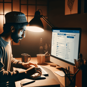 Uma pessoa usando o computador e verificando as configurações de privacidade nas redes sociais.