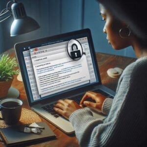 Uma pessoa lendo um e-mail no laptop, destacando um e-mail suspeito com erros de gramática e um endereço de e-mail estranho.