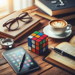 Um cubo mágico em uma mesa de estudo com livros e uma xícara de café, representando a origem educacional do brinquedo.