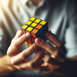 Imagem com foco nas mãos de uma pessoa girando um cubo mágico, simbolizando o desafio e a diversão de resolver o quebra-cabeça.
