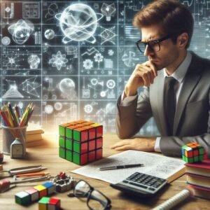 Uma pessoa olhando fixamente para o cubo mágico, ao fundo símbolos representando seu raciocínio para resolvê-lo.