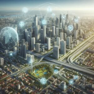 Vista aérea de uma cidade moderna com arranha-céus e redes de comunicação. A Tecnologia Move o Mundo.