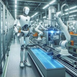 Robô trabalhando em uma linha de produção industrial automatizada.