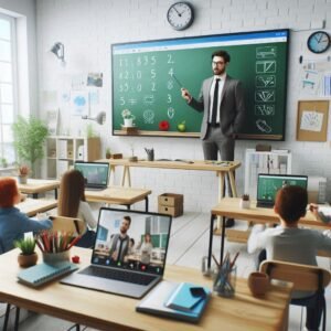 Imagem mostra uma sala de aula e alunos acompanhando virtualmente, ilustrando a educação on-line como benefício da internet.