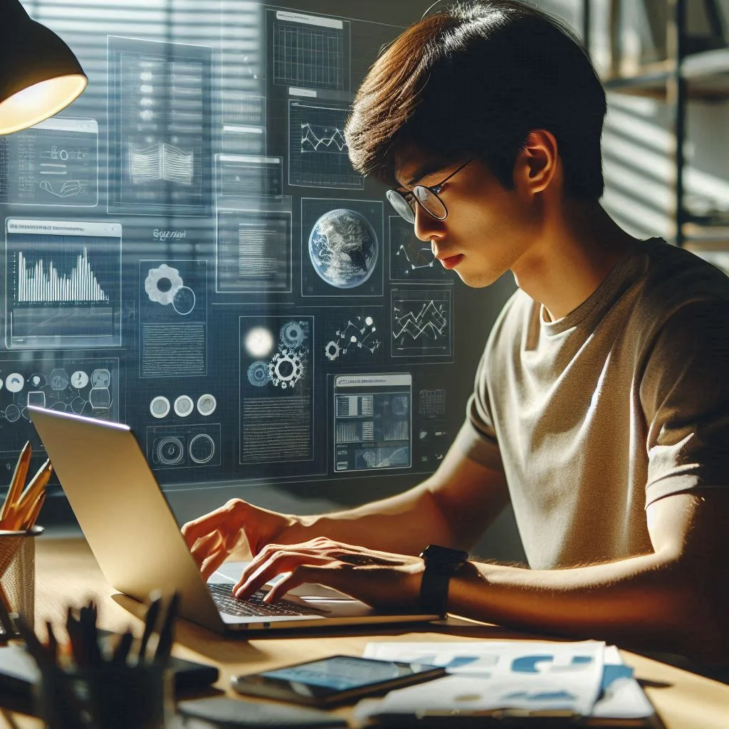 Imagem ilustra como qualquer pessoa com uma conexão à internet pode acessar cursos on-line, tutoriais em vídeo, e bibliotecas digitais repletas de conhecimento.