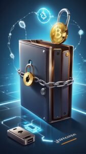 Um bitcoin e um ethereum saindo de uma carteira e indo em direção a uma blockchain, com um cadeado no trajeto, ilustrando a segurança de um endereço de carteira.