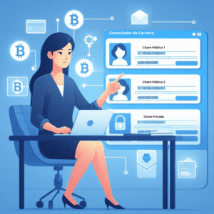 Ilustração de uma pessoa organizando endereços de carteira em um gerenciador digital.