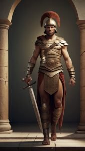Imagem criada por IA de um Gladiador de corpo inteiro e uma espada na mão direita.