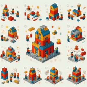 Uma imagem ilustrativa que mostra diferentes técnicas de construção com Lego, como empilhamento e desalinhamento. Mostra ainda um infográfico e uma série de pequenos diagramas.