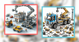 Duas imagens de modelos de Lego Technic em construção, mostrando partes móveis e componentes mecânicos. Inlui um detalhe de engrenagens e outras peças Technic.