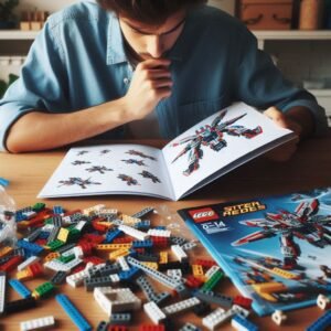Uma imagem de uma pessoa lendo atentamente o manual de instruções de um conjunto de Lego, com as peças espalhadas na mesa à frente.