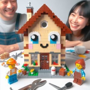 Uma imagem de uma construção de Lego única e colorida, com várias peças misturadas. Mostra uma criança e adulto sorrindo ao lado de sua criação personalizada.