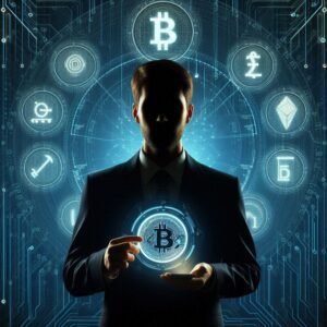 Silhueta de uma pessoa em um fundo escuro com gráficos de criptomoedas, ilustrando o anonimato.