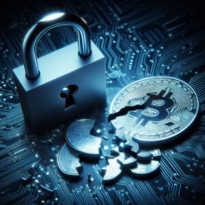 Cadeado quebrado sobre um fundo de criptomoedas, ilustrando o risco de perda da chave privada.