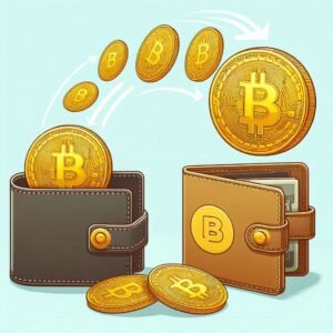 Uma moeda de bitcoin saindo de uma carteira e indo para outra carteira, ilustrando uma transferencia.