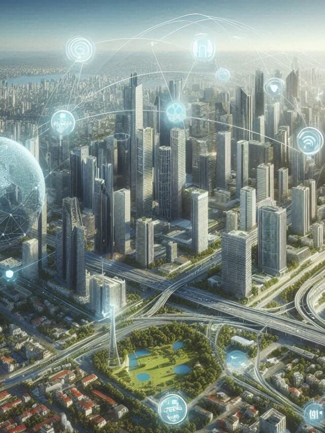 Vista aérea de uma cidade moderna com arranha-céus e redes de comunicação. A Tecnologia Move o Mundo.
