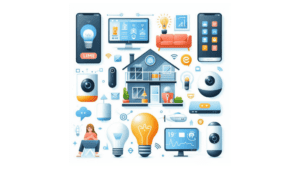 Exemplos de dispositivos automatizados, incluindo lâmpadas inteligentes, assistentes virtuais e câmeras de segurança, demonstrando a conveniência e eficiência da automação de casa.