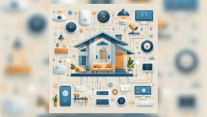 Infográfico mostrando os principais componentes e benefícios da automação residencial, como controle de iluminação, segurança e termostatos inteligentes.
