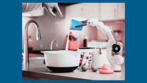 Um braço robótico preparando uma receita, ilustrando o uso de IA como tendência na automação de casa.