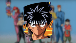 Hiei com sorriso sarcástico ao final de uma balalha vencida.