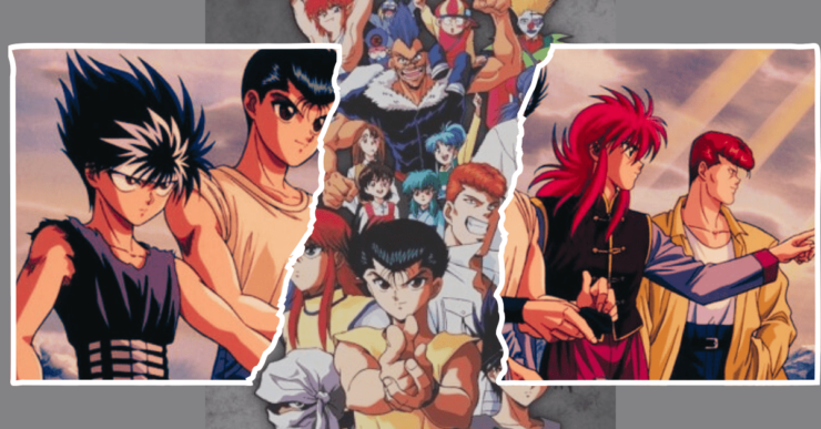 Montagem com os principais personagens de yu yu hakusho a frente e ao fundo os demais personagens.