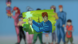 Kuwabara e sua Espada Espiritual em batalha, e ao fundo imagem desfocada de sua equipe reunida.