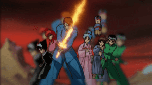 Turma de Yu Yu Hakusho reunida, pronta para batalha, com Kuwabara a frente do grupo.
