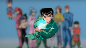 Montagem com Yusuke lançando o Leigan e ao fundo imagem desfocada de sua turma reunida .