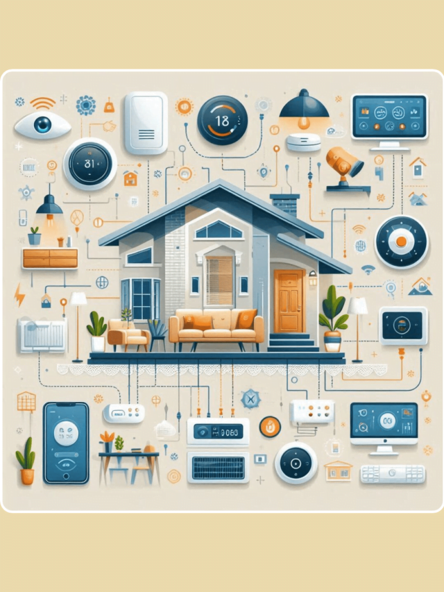 Ilustração de uma casa moderna e automatizada, com diversos dispositivos inteligentes conectados.