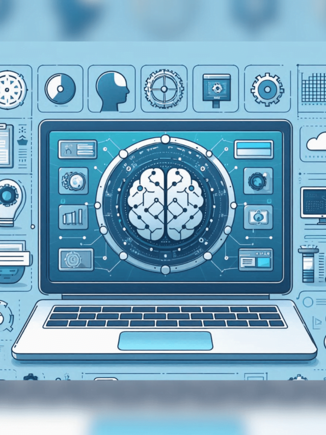 Representação de uma interface gráfica de um site de inteligência artificial com ícones de ferramentas e gráficos digitais.