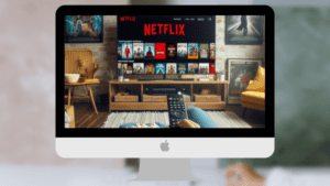 Montagem de uma pessoa utilizando códigos da Netflix para ver filmes, numa sala.