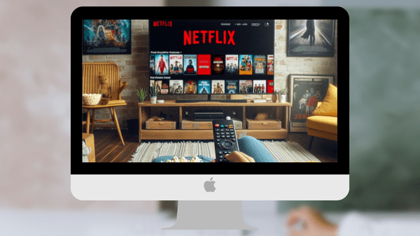 Montagem de uma pessoa utilizando códigos da Netflix para ver filmes, numa sala.