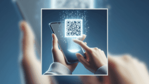 Montagem de um celular nas mãos de uma pessoa, ao gerar um qr code pix. Com ênfase no qr code.