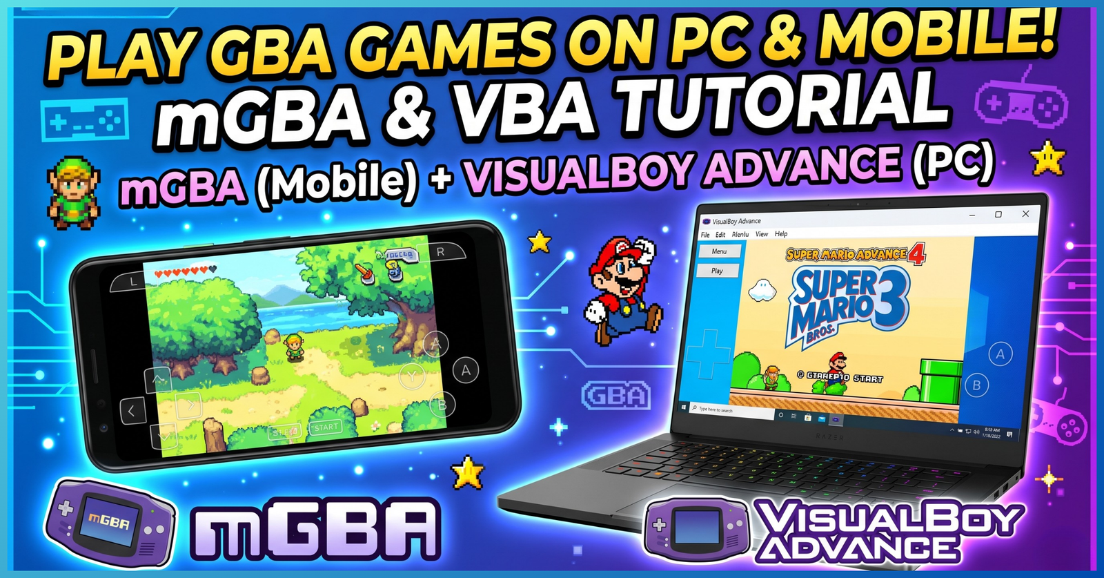 Thumbnail mostrando emuladores Game Boy Advance rodando em diferentes dispositivos. Artigo DicaByte sobre melhores emuladores GBA 2026.