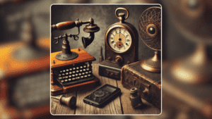 Artefatos tecnológicos esquecidos, como um telégrafo, ao lado de itens modernos, destacando o contraste entre a antiga tecnologia e a nova.