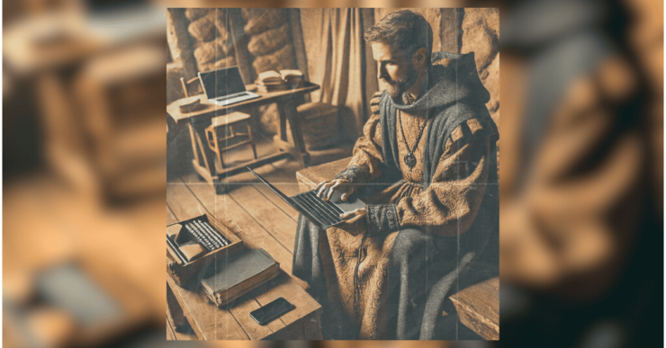 Pessoa vestida com roupas históricas de uma era antiga, como trajes medievais, sentada em um ambiente rústico enquanto digita em um laptop moderno.