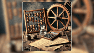 Mesa rústica com itens históricos como uma roda de madeira, um ábaco e um pergaminho, simbolizando antigas tecnologias.