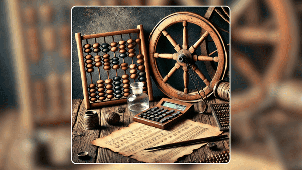 Mesa rústica com itens históricos como uma roda de madeira, um ábaco e um pergaminho antigo, simbolizando invenções de épocas passadas.
