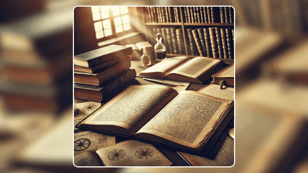 Livros antigos abertos em um ambiente de biblioteca, com luz natural iluminando páginas manuscritas, simbolizando a preservação do conhecimento.