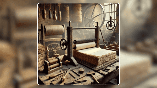 Papel artesanal sendo produzido em uma oficina antiga, com ferramentas tradicionais ao fundo.