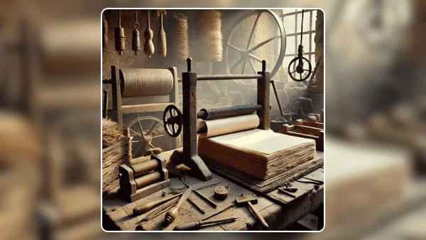 Papel artesanal sendo produzido em uma oficina antiga, com ferramentas tradicionais ao fundo.