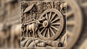 Representação de uma roda de madeira em um carro de boi em um cenário rural antigo.