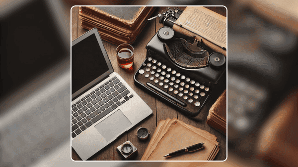 Máquina de escrever vintage com folhas de papel ao lado de um laptop elegante.