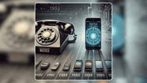 Linha do tempo visual mostrando um telefone de disco ao lado de um smartphone moderno.